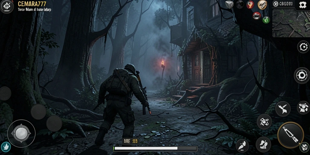 Tampilan menakutkan dalam gameplay CEMARA777 di hutan angker.